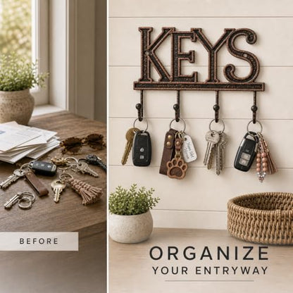 Comfify Copper-Black Cast Iron Key Holder for Wall – Keys Sign with 4 Hooks | Warm copper and black antique finish; mounting hardware included; entryway, hallway or door; 6"H x 8"L; holds 8 keychains - color: Copper with Black