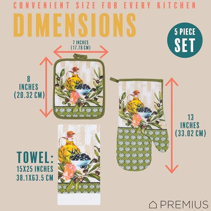 5 Piece Olive Oil & Branch Printed Kitchen Linen Set, 2 Cotton Towels,2 Potholders,1 Oven Mitt with Hanging Loop, 100% Cotton Material on Front & Polyester Backing, Perfect Kitchen Accessory - color: Olive Oil & Branch