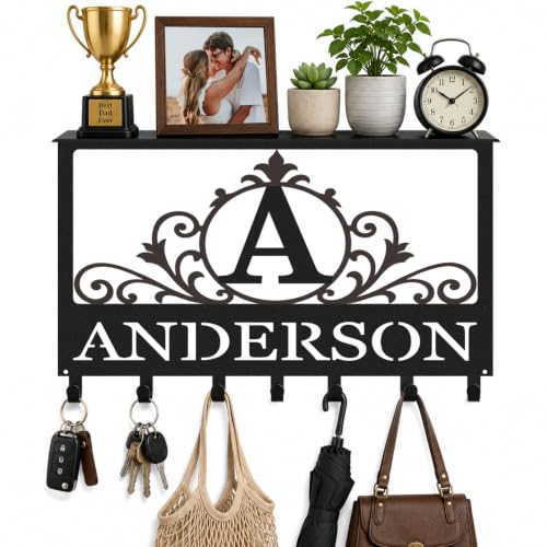 Personalized Name Key Holder with Shelf, Coat Rack for Home | Custom Family Monogram Name Key Holder for Bedroom Living Room, Coat Rack Organizer for Parents Friends - color: Color 02
