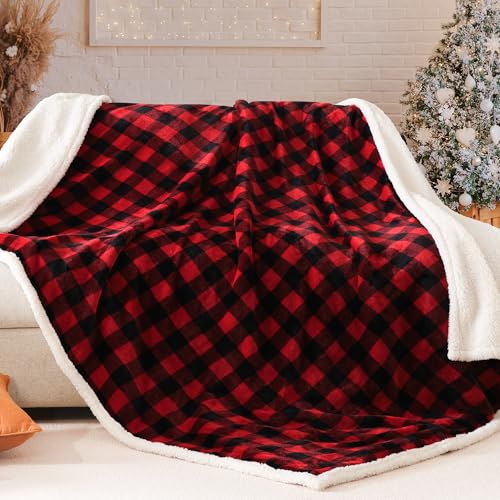 BEAUTEX Christmas Sherpa Fleece Throw Blanket Soft Warm Buffalo Plaid | Plush Blanket & Throw, Winter Cozy Fuzzy for Couch, Sofa, Bed (Red, 50" x 60") - color: Plaid Red, size: Throw-50"x60"