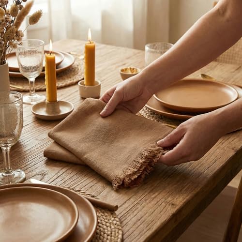 ACCENTHOME Brown Cotton Linen Napkin Set of 6 18x18 inch Dinner Napkins - Washable Soft Premium Hotel Quality Reusable Napkins Perfect Table Napkins for Family Dinners, Weddings & Everyday Use | Cotton Linen Blend Napkins, Machine Wash On Gentle Cycle, Ec