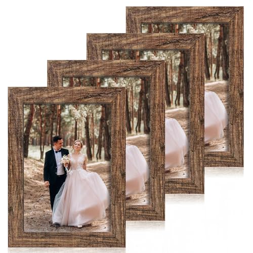 iRahmen 6x9 Picture Frame Set of 4, High Definition Real Glass Rustic Wood Frame, 6 x 9 Photo Frames for Tabletop Display and Wall Mounting - color: Brown, size: 6X9