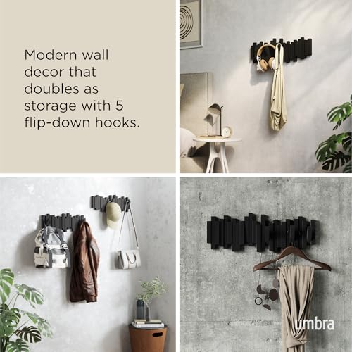 Umbra Sticks Wall Mount Coat Rack, 5 Hook Retractable Pegs, Black | Mounting hardware included, sculptural modern design, entryway or bedroom use, recycled plastic - color: Black, size: 5-Hook