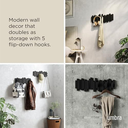 Umbra Sticks Wall Mount Coat Rack, 5 Hook Retractable Pegs, Black | Mounting hardware included, sculptural modern design, entryway or bedroom use, recycled plastic - color: Black, size: 5-Hook