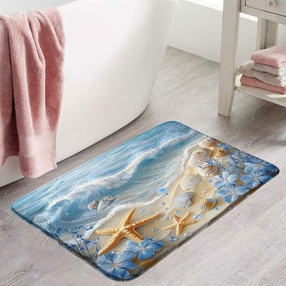 Nautical Coastal Bath Mat Beach Starfish Seashell Blue Flower Ocean Waves Marine Life Modern Microfiber Memory Foam Bathroom Rug Doormat Kitchen Toilet Floor Rug - size: 24x36Inch(60x90cm)
