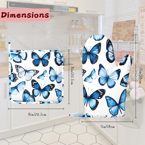 Blue Butterfly Heat-Resistant Silicone Oven Mitts and Pot Holder 4 Piece Set,Non-Slip Kitchen Oven Gloves for Baking, BBQ, Cooking,Grilling - color: Blue Butterfly
