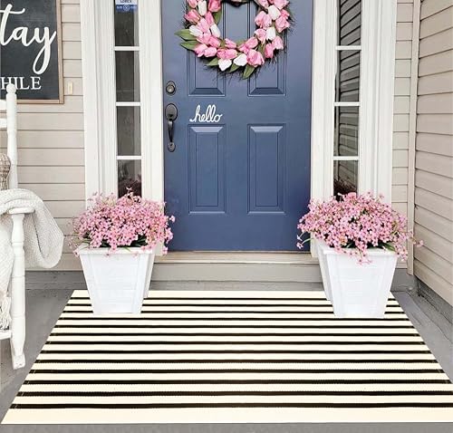 Black and Beige Layered Doormat 2.3'X3.6',Washable Striped Front Porch Rug | Cotton Hand-Woven Farmhouse Door Mats Outdoor Combined With Hello Welcome Mat - color: Beige Black, size: 2'4" x 3'7" (Rectangular)