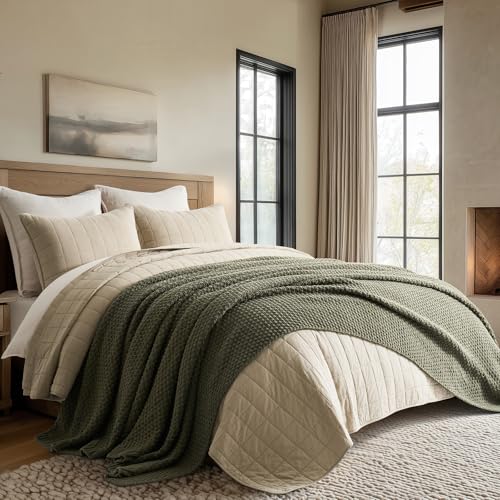 EVERGRACEHOME Chunky Chenille Knit Throw Blanket, 90 x 90, Olive Green | Sculpted Moss Stitch, Chic Modern Farmhouse, All-Season Warmth, OEKO-TEX® Certified, Oversized Queen for Couch, Bed, Sofa - color: Olive Green, size: 90" X 90"
