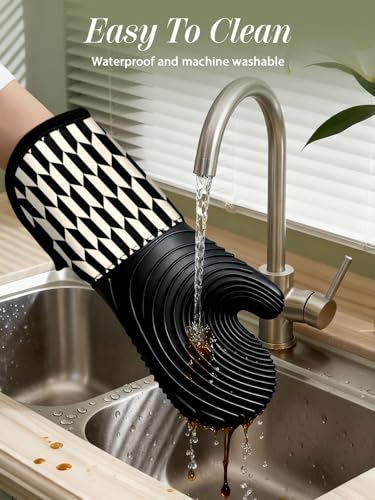 Slohif Long Silicone Oven Mitts Heat Resistant for Women - 2 Pcs Black-White Geometric 100% Cotton Oven Gloves, Non-Slip and Waterproof Silicone Oven Mitts with Hanger for Baking and Cooking - color: Black White Geometric