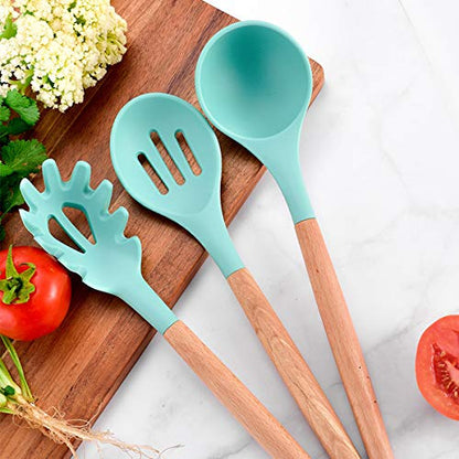 Kitchen Cooking Utensils Set, 27 pcs Non-stick Silicone Cooking Kitchen Utensils Spatula Set with Holder, Wooden Handle Heat Resistant Silicone Kitchen Gadgets Utensil Set