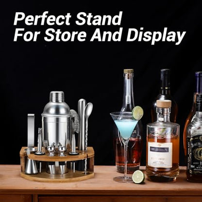 Cocktail Shaker Set Bartender Kit with Stand, 12 Piece Drink Mixer Set with Stainless Steel Bar Accessories Tools: 25oz Martini Shaker Jigger Strainer Spoon Muddler for Cocktails (Silver) - color: Silver