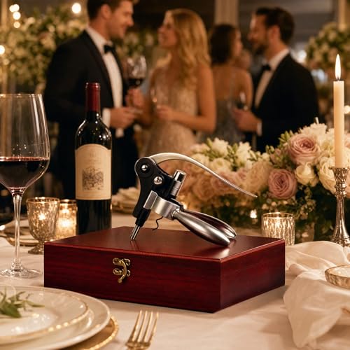 Wine Bottle Opener Set, 9-Pieces Stainless Steel Manual Corkscrew Kit with Classic Wooden Box, Wine Opener Set with Cutter, Spiral Stopper, Pourer for Home, Bar, Party, Birthday & Wedding Gift