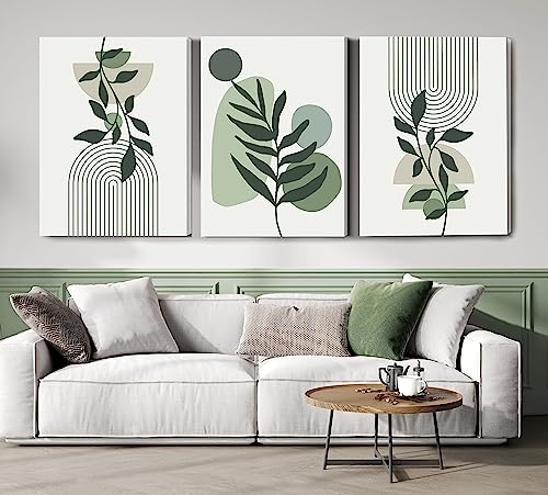 Induslyfe Large Framed Boho Canvas Wall Art Set of 3, Mid Century Modern room Decor, Minimalist Sage Green Botanical Boho Bathroom wall art 18x24 Abstract Geometric Canvas Prints Ready To Hang Bedroom - color: Sage Green, size: 18"x24"