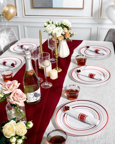 350 Piece Red Plastic Dinnerware Set for 50 Guests | Disposable Dinnerware Includes: 50 Dinner Plates, 50 Dessert Plates, 50 Pre Rolled Napkins with Silverware, 50 Cups - color: White Red, style: 350 Piece (50 guests)
