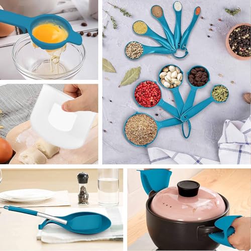 LIANYU 43 Pcs Silicone Kitchen Cooking Utensils with Holder, Heat Resistant Spatula Set with Stainless Steel Handle, Kitchen Cooking Gadgets Tools for Nonstick Cookware Set, Blue - color: Blue