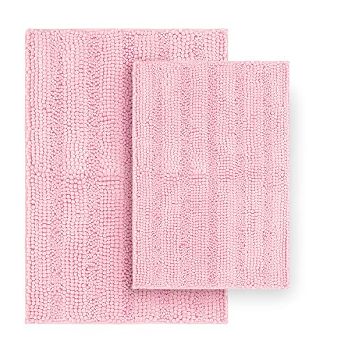 Striped Chenille Bathroom Rugs and Mats Sets, Ultra Soft Chenille Microfiber, Absorbent Non-Slip Machine Washable Bath Rugs, Bath Mat for Bathroom, Shower Mat, Tub, 20"x32" & 18"x24", Pink - color: Light Pink, size: Set of 2 - 20" x 32" + 18" x 24"