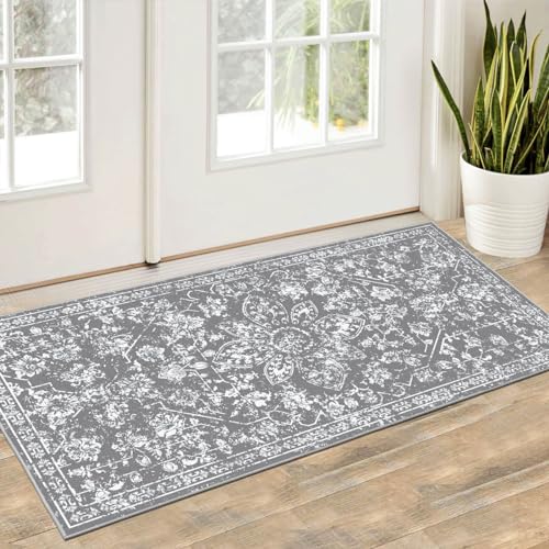 Pauwer Washable Entryway Rug 2x4, Non Slip Door Mat Small Area Rug, Gray | Washable Throw Rugs, Low-Pile Indoor Mat, Vintage Runner Rug, Soft Floor Carpet For Hallway, Entrance, Bedroom, Living Room - color: Vintage Grey, size: 2' x 4' (Rectangular)