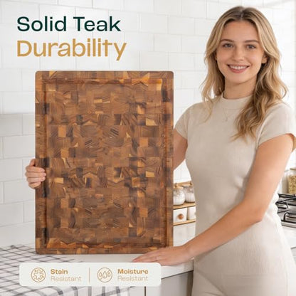 Yes4All Durable Teak Cutting Boards for Kitchen, [24''Lx18''Wx1.5” Thick] Extra Large End Grain Cutting Board, Pre Oiled Wood Cutting Boards, Thick Chopping Board w/Juice Grooves and Easy Grip Handle - size: 24"L x 18"W, style: Teak