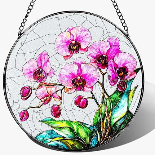 8-Inch Stained Glass Ornament, Stained Glass Window Hanging, Window Hanging Decor Suncatcher, Orchid Flower Ornament | Christmas, Mother's Day, Birthday | Gifts for Mom & Grandma, Flower Lover Gift - color: Orchid
