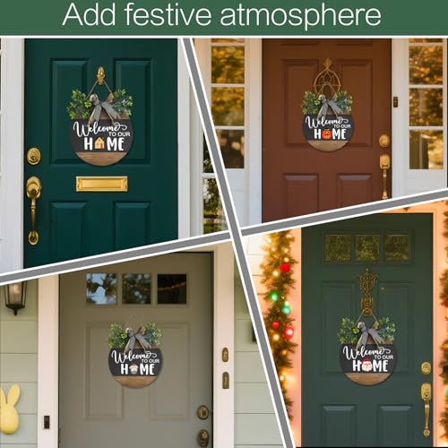Interchangeable Seasonal Round Wood WELCOME TO OUR HOME Sign for Front Door,Rustic Hanging Wood Wreaths Sign,Farmhouse Porch Fence Welcome Wreaths Decorations.(12inch)