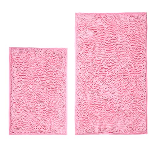 Bathroom Rugs Sets 2 Piece Washable, Luxury ，Chenille Bath Mat Set, Soft Plush Anti-Slip Rectangular Bath， Rug Super Absorbent. (Pink, 32"x20"+24"x16") - color: Pink, size: 32"x20"+24"x16