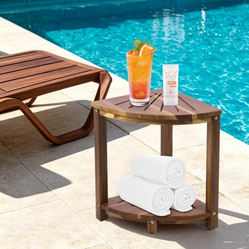 Corner Shelves Shower Caddy Stand, Shower Stool with Storage Shelf, Shower Foot Rest for Shaving Legs,Sturdy Bathroom Organizer for Kitchen, Living Room–Acacia Wood