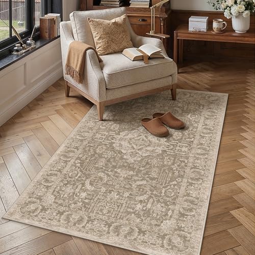 3x5 Taupe Vintage Distressed Washable Area Rug for Entryway | Low Pile, Non Slip, Vintage Distressed, Soft Indoor Rug for Entryway, Kitchen, Bathroom, Door Mat, Home Decor - color: C| Taupe, size: 3' x 5' (Rectangular)