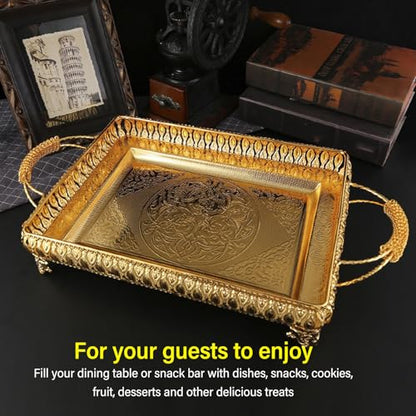 Decorative Serving Tray, Gold European Style Metal Serving Tray with Handles, Coffee Tea Beverage Serving Rectangle Tray, Cake Platter Serving Trays Food Platter Jewelry Tray