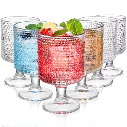 ZOOFOX Set of 6 Romantic Vintage Goblet Glasses, 8 oz Embossed Short Stem Wine Glasses, Hobnail Drinking Glasses Set for Juice, Cocktail, Wine, Party, Bar - size: 2.8" D x 4.9" H