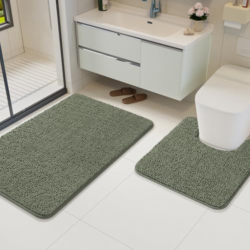Bathroom Rug Sets 2 Piece, 20"x20" U-Shaped & 21"×34", Sage Green | Toilet Mat Non Slip Bath Mats Floor Set, Washable Bath Rug Set, Absorbent Soft Bathroom Rug - color: Sage Green