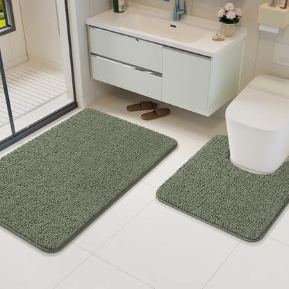 Bathroom Rug Sets 2 Piece, 20"x20" U-Shaped & 21"×34", Sage Green | Toilet Mat Non Slip Bath Mats Floor Set, Washable Bath Rug Set, Absorbent Soft Bathroom Rug - color: Sage Green