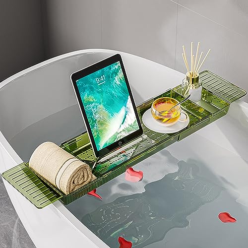 Bathtub Tray Table, Adjustable Bath Tray for Tub, Bath Accessories, Deluxe Bathroom SPA Bath Tray, Expandable Drain Bath Shelf Caddy Tray with Anti-Slip mat, Fits Most Tubs(Transparent Green) - color: Transparent Green