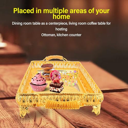 Decorative Serving Tray, Gold European Style Metal Serving Tray with Handles, Coffee Tea Beverage Serving Rectangle Tray, Cake Platter Serving Trays Food Platter Jewelry Tray