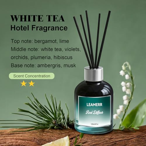 Luxury Hotel White Tea Reed Diffuser, 4oz (120ml) Clean Woody Floral Accord Scent Perfect for Home, Bathroom, Office & Room Decor