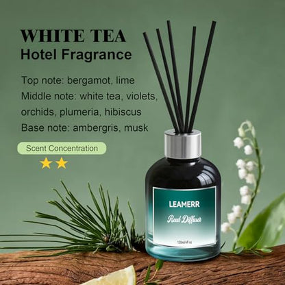Luxury Hotel White Tea Reed Diffuser, 4oz (120ml) Clean Woody Floral Accord Scent Perfect for Home, Bathroom, Office & Room Decor