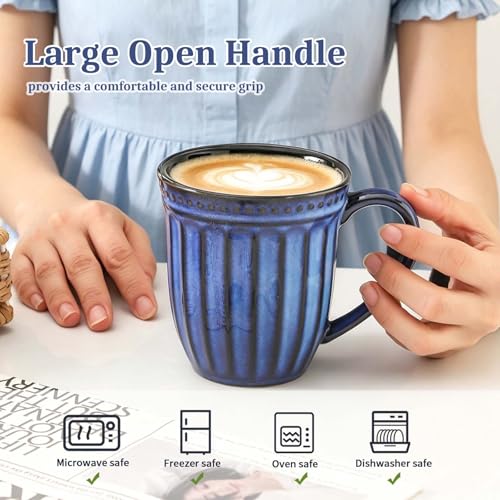 Coffee Mugs Set of 4, 16oz Navy Blue Ceramic Coffee Mug with Embossed Ribbed, Farmhouse Tea Cup Set for Latte, Cappuccino, Milk, Large Handle, Suitable for Office Home Restaurant Housewarming Gift - color: Navy Blue