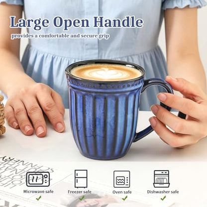 Coffee Mugs Set of 4, 16oz Navy Blue Ceramic Coffee Mug with Embossed Ribbed, Farmhouse Tea Cup Set for Latte, Cappuccino, Milk, Large Handle, Suitable for Office Home Restaurant Housewarming Gift - color: Navy Blue