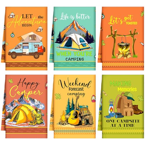 Boyiee 6 Pcs Camping Kitchen Towels Absorbent Dishcloths | Bonfire Tent Car Tea Towels with Funny Sayings 24 x 16 Inches Novelty Gifts for Rv Campers Happy Camper Accessories - color: Colorful Camping