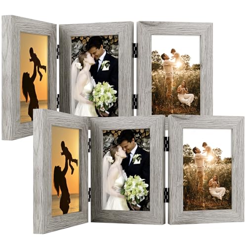 Golden State Art, 4x6 Triple Picture Frame Light Grey- Real Glass, 2 Pack | Trifold Photo Frame Vertical Display for Desktop - Three Folding Picture Collage - color: Light Gray, size: 4x6(2 Pack)