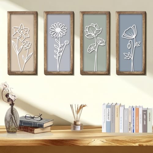 3D Wooden Floral Wall Art Decor, 4PCS 7 x 16 Inch Wood Framed Wall Art for Bathroom Living Room Bedroom Office, Rustic Farmhouse Boho Botanical Minimalist Flower Wall Hanging Decor