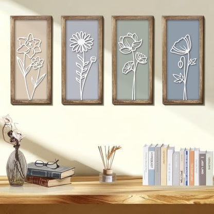 3D Wooden Floral Wall Art Decor, 4PCS 7 x 16 Inch Wood Framed Wall Art for Bathroom Living Room Bedroom Office, Rustic Farmhouse Boho Botanical Minimalist Flower Wall Hanging Decor