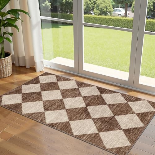 Front Door Mat Indoor Entrance - 2x4.3 Ft Brown Beige Diamond Rug | Non-Slip Washable Doormat Outdoor Porch Rug Geometric Checkered Runner Rug for Front Door Kitchen Foyer Bedroom Laundry Room - color: Diamond - Brown Beige, size: 2' x 4'3" (Rectangular)
