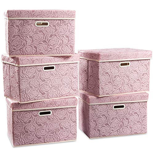 Large Foldable Storage Boxes with Lids [5-Pack] Fabric Decorative Storage Bin Cubes Organizer Containers Baskets with Cover Handles for Bedroom Closet Nursery Pink 17.7x11.8x11.8 Inch - color: Pink, size: Large(5-Pack)