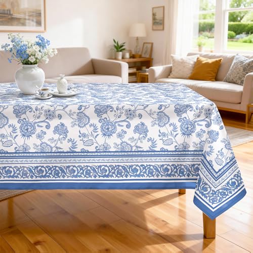 Blue Flower Polyester Tablecloth, French Country, 55 x 70 Inch | Washable Reusable Water Resistant Table Cloth with Blue Flower Print for Everyday Kitchen Dining, Party, Decor - color: Blue Flower