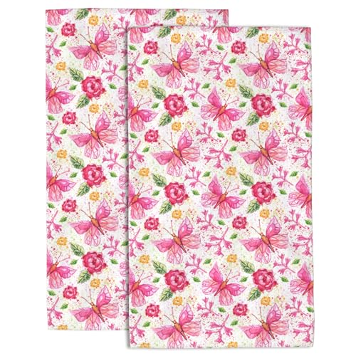 Bright Floral Hand Towel,Pink Butterfly and Roses Hand Bath Towels Set of 2 Dish Towels Soft Absorbent Decorative Hand Towels for Bathroom Kitchen Yoga Home Decor 14 x 28 in - color: Bright Floral