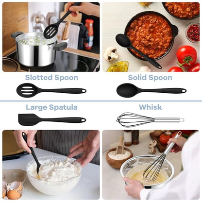 TeamFar Silicone Cooking Utensils Set, 8 PCS Kitchen Utensils Set, Black | 446°F Heat Resistant Turner, Spatula, Spoon, Whisk, Kitchen Cooking Gadgets Tools, for Nonstick Cookware, Dishwasher Safe - color: Black