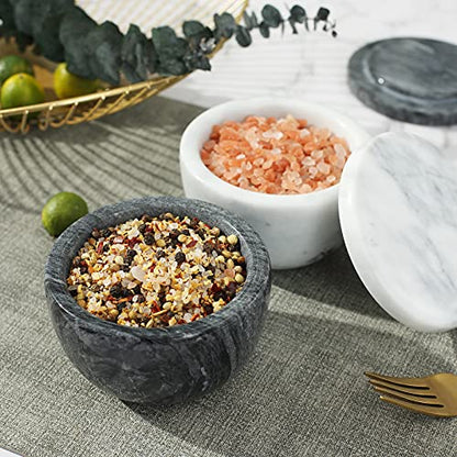 jalz jalz White Marble Salt Cellar with Lid, Large 10oz Spice Keeper Pot with spoon - color: White Cover White Base