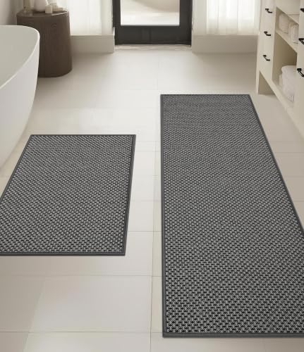Thin Bath Mat Dark Grey Bathroom Rugs Sets 2 Pieces, Non Slip Absorbent Mats Quick Dry, Woven Rugs Washable, Tapetes para Baño for Bathroom Toliet,Bathtub(17"x24"+17"x47") - color: Dark Grey, size: 2Pieces(17"x24"+17"x47")