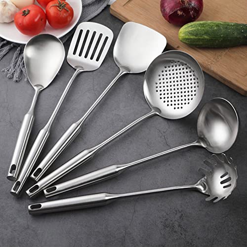 Stainless Steel Kitchen Cooking Utensils Set 6 PCS Dishwasher Safe | Food-grade 304, All Metal, 12-13.6", Wok Spatula, Ladle, Skimmer, Slotted Spatula Turner, Spaghetti Spoon, Large Spoon - color: Natural 6
