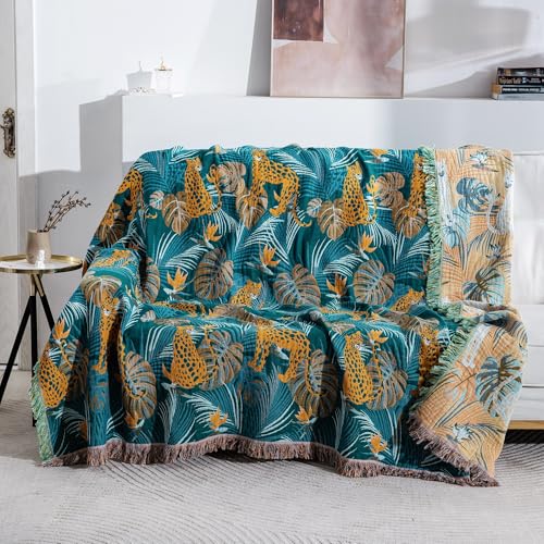 100% Cotton Muslin Throw Blanket 90''x98'', Soft Breathable Lightweight, All-Season Reversible Bohemian Tropical Safari Leopard Animal Print Bedspread Coverlet, Fringed Teal Jungle Bed Throw - color: Orange Leopards, size: 90"x98"